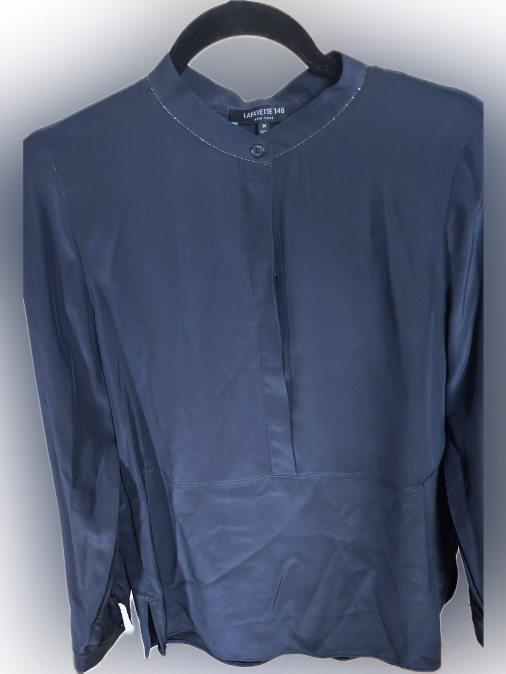 Lafayette 148 Long Sleeve Half-Button Beaded Collar Silk Popover Navy Blue M